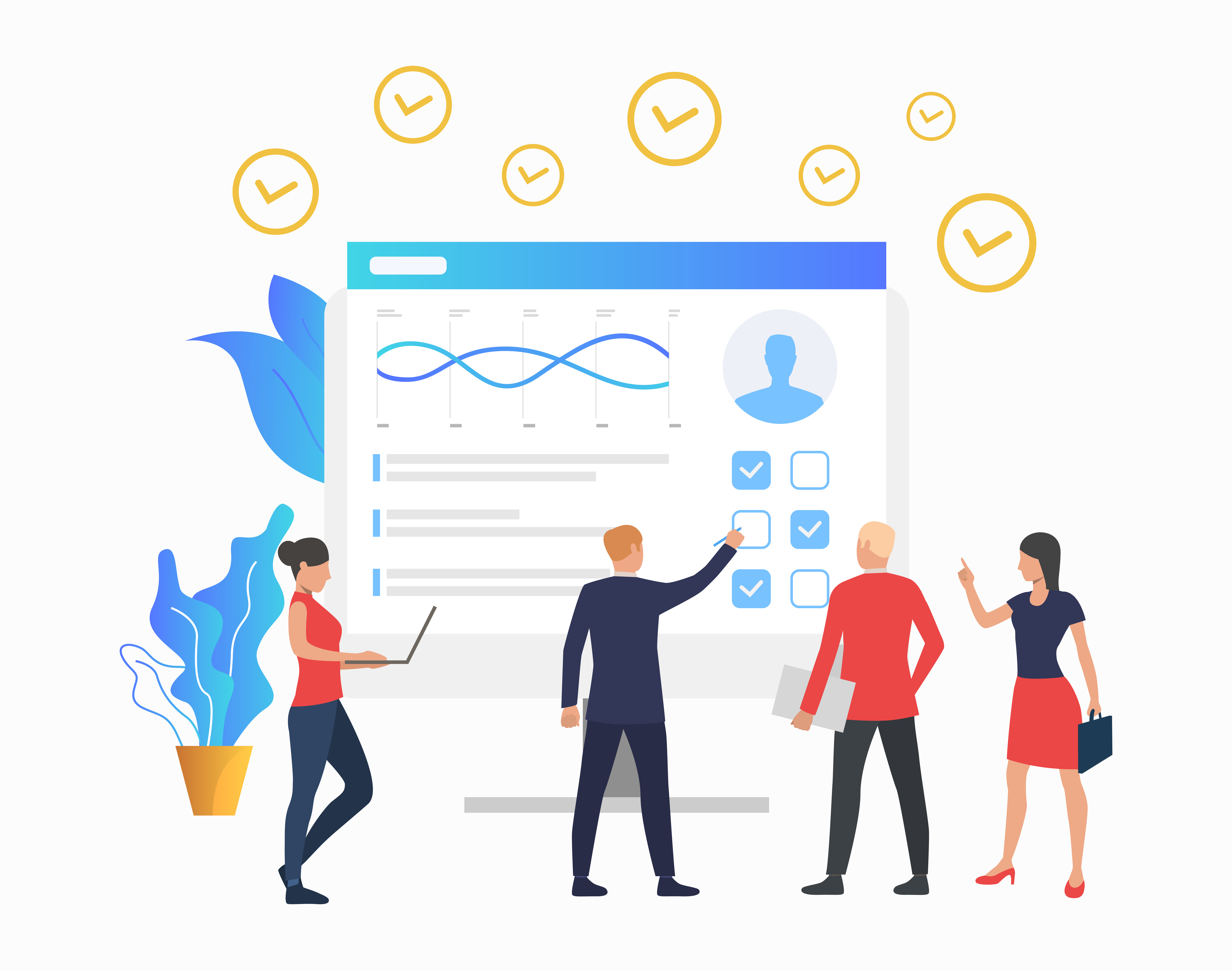 Managers looking at chart on monitor. Personal productivity, competence, candidate. Productivity concept. Vector illustration can be used for topics like headhunting, human resources, business